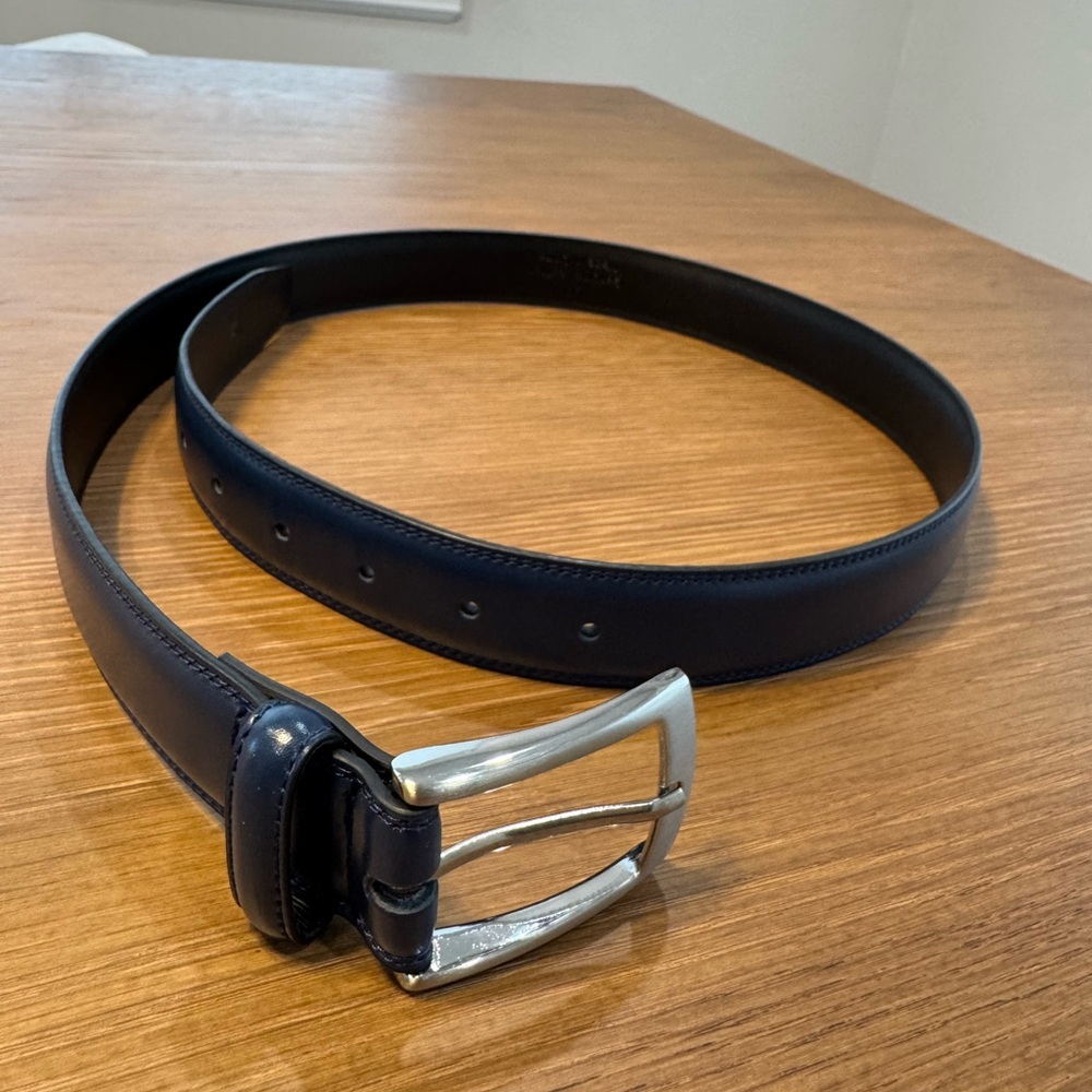 Men's Navy Leather Belt with Silver Buckle
